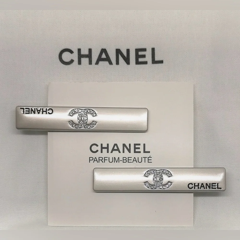 CHANEL Silver Hair Clips with Crystal Logo - Picture 5 of 9